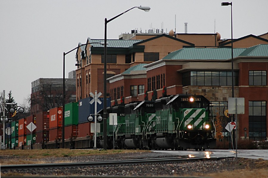 BN 7263 approaches the College Ave. crossing in Fort Collins.  