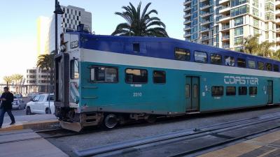 Coaster with NCTC 2310 downtown San Diego on station track 4